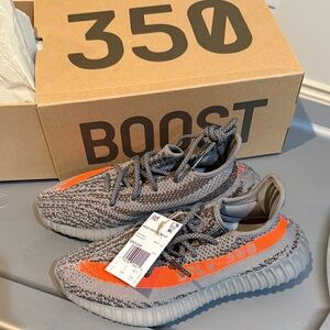 Yeezy Kids Sneakers in Grey with Bright Orange Stripe